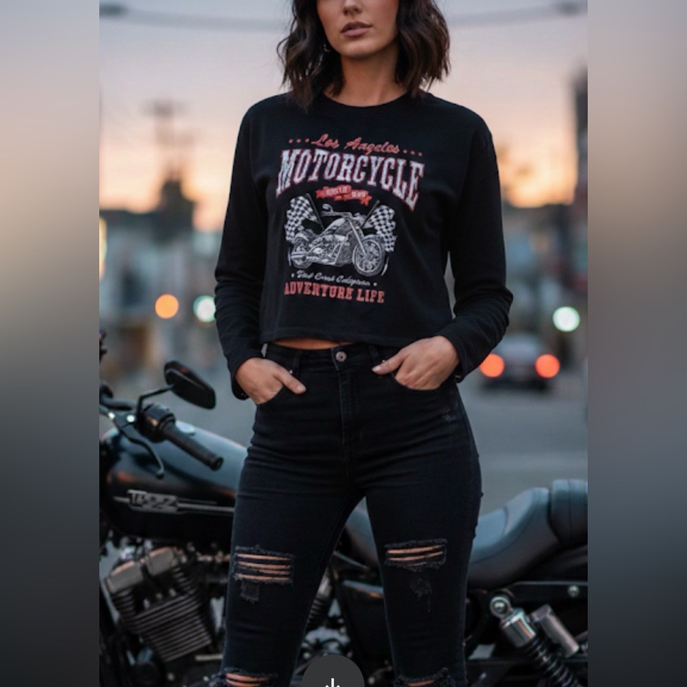 Motorcycle Black Print Women's Croptop Top Sz S Oversized Goth Rave Grunge Sku 9